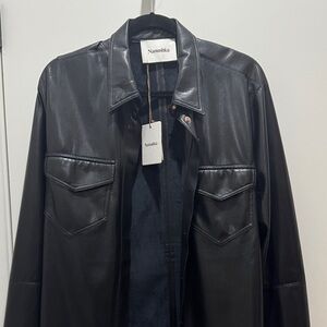 Nanushka Black Faux Leather Button Down Tie Shirt Dress